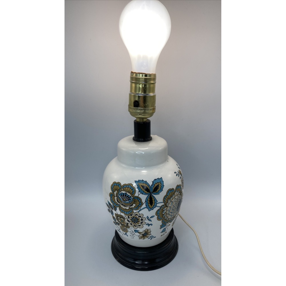 Vintage Miniature Boudoir/ Accent Ceramic Floral Lamp Blue Gold Wood Base